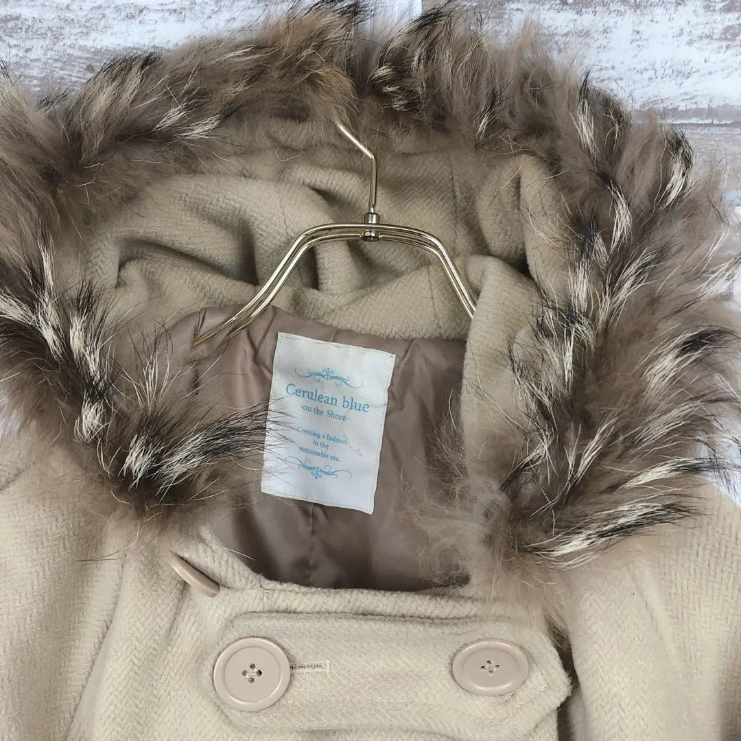 [Cerulean Blue] Beige Women's Coat Hooded Fur Coat