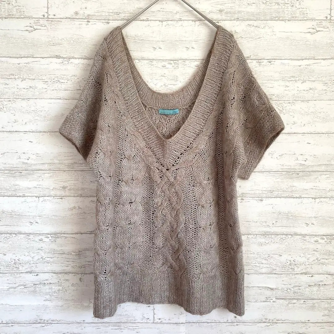 Alpaca mixed cable braid V -neck knit pullover [F] Short sleeve transparency