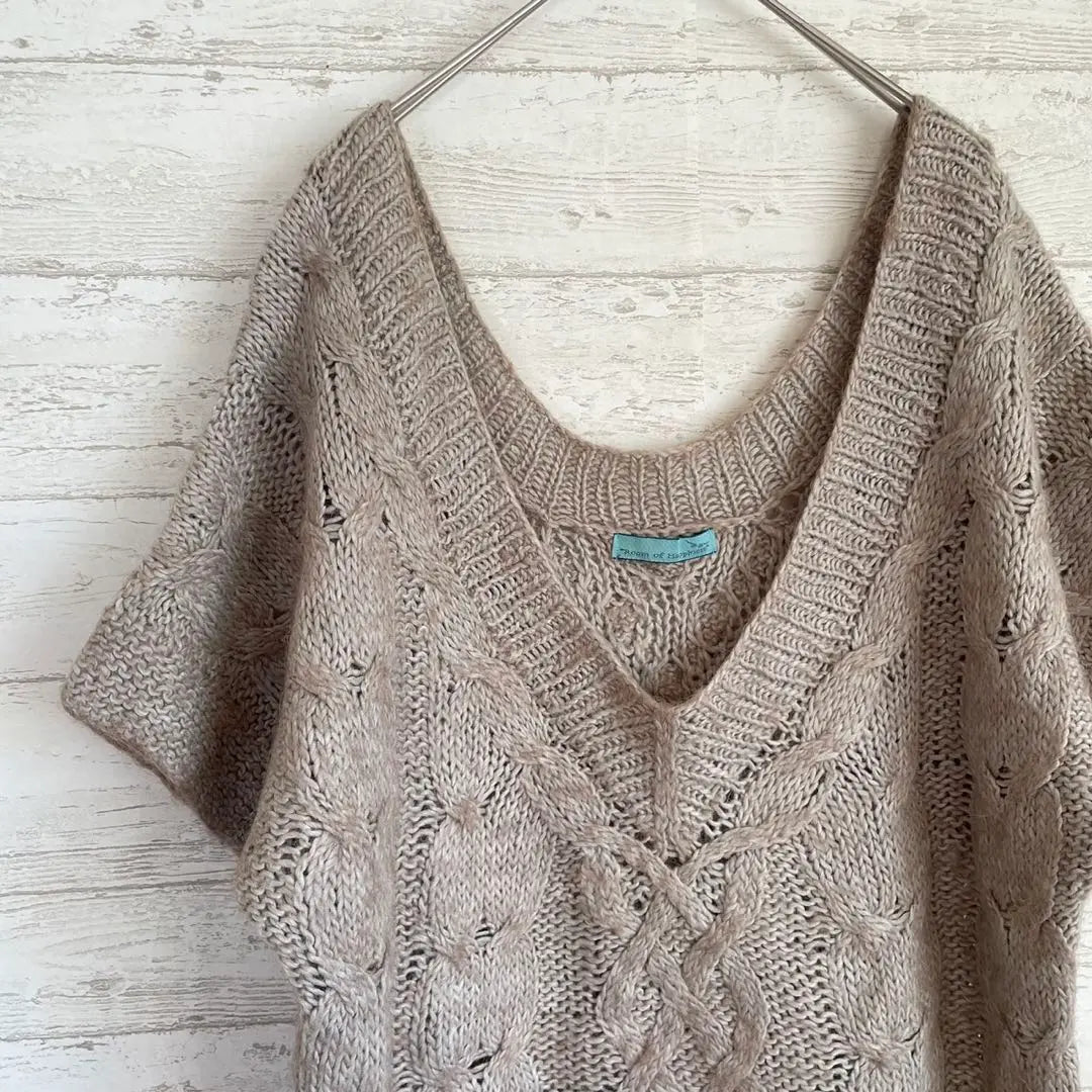 Alpaca mixed cable braid V -neck knit pullover [F] Short sleeve transparency