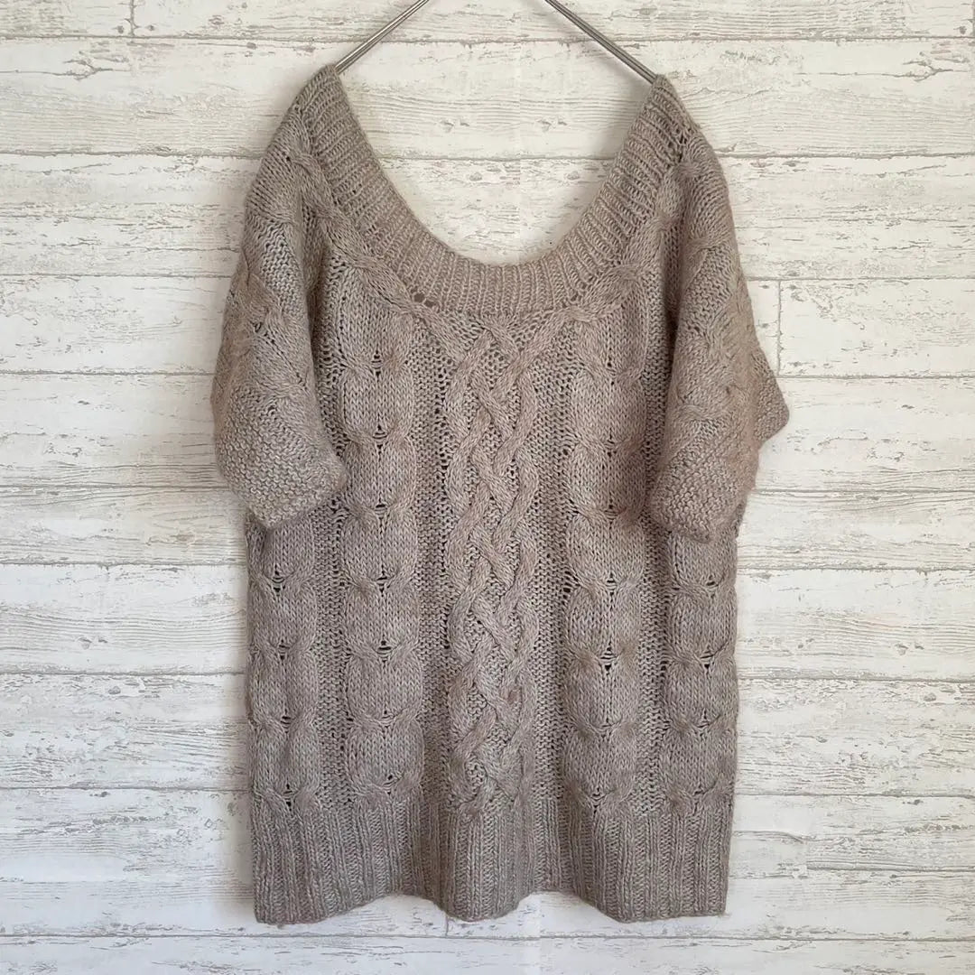 Alpaca mixed cable braid V -neck knit pullover [F] Short sleeve transparency