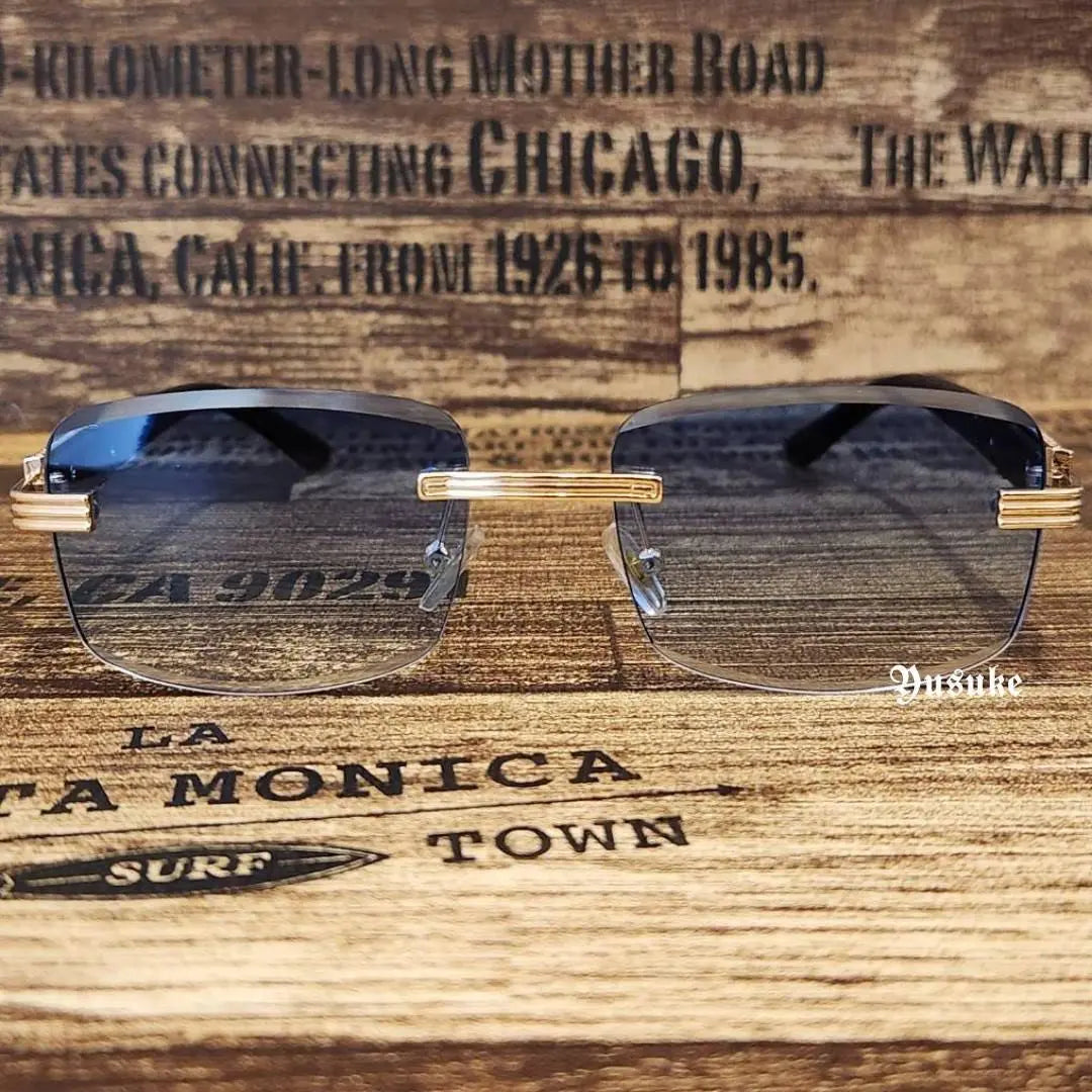 Rimless sunglasses, wood, non-prescription, blue, fashion glasses, gold decoration, wood grain