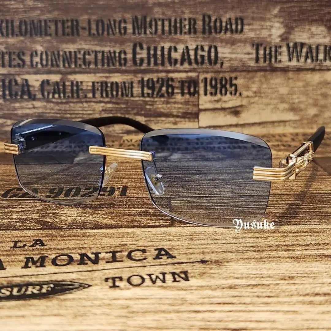 Rimless sunglasses, wood, non-prescription, blue, fashion glasses, gold decoration, wood grain