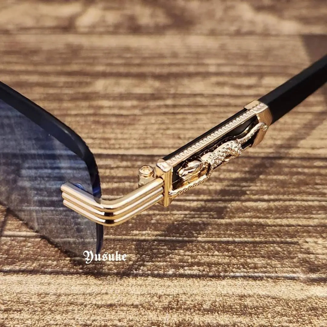 Rimless sunglasses, wood, non-prescription, blue, fashion glasses, gold decoration, wood grain