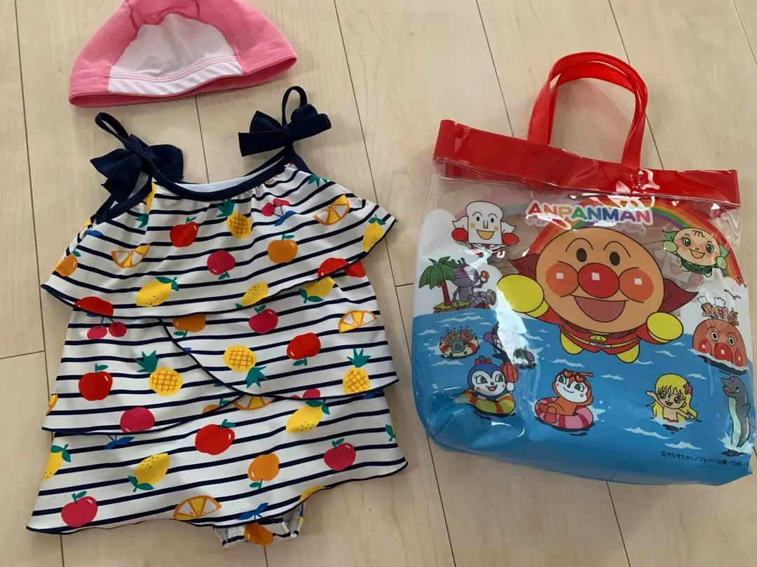 [Price reduction] 3-piece set girls swimsuit/Anpanman pool bag