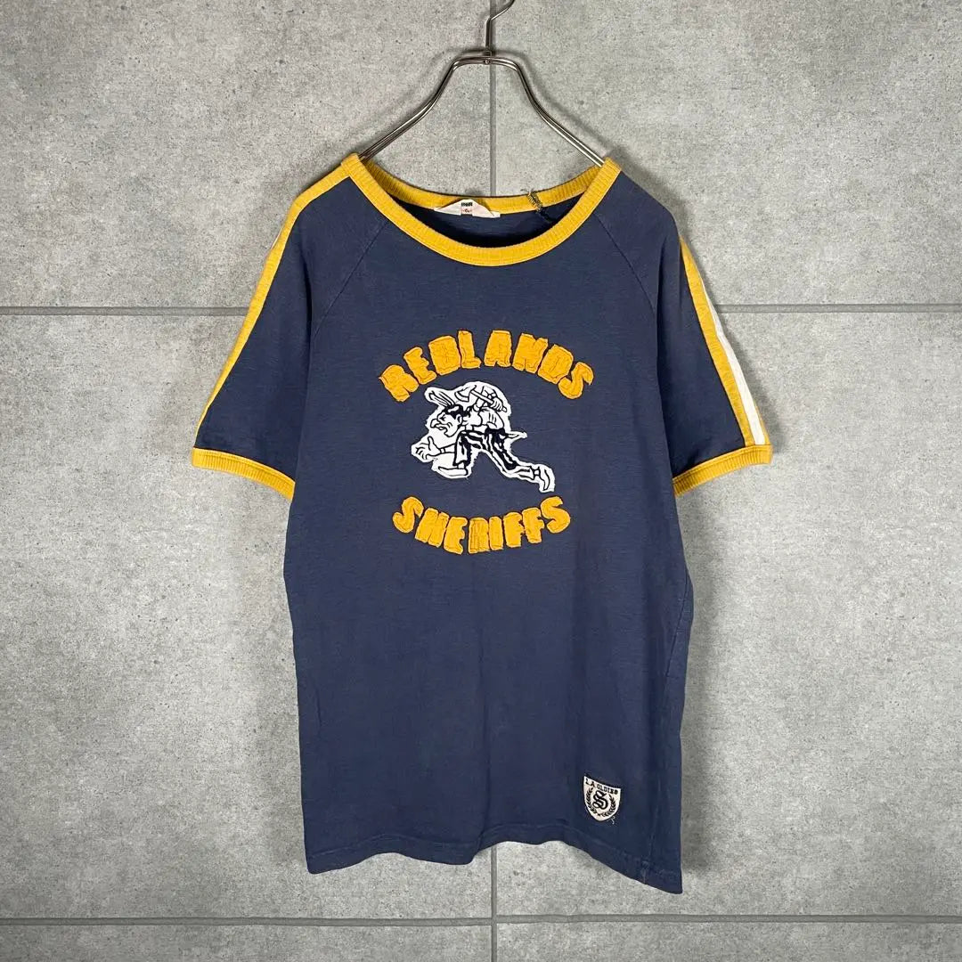 [Ropa usada] Camiseta ringer vintage manga corta bordada línea brazo raglán 90s | [古着]ビンテージ 半袖 リンガーTシャツ 刺繍 アームライン ラグラン 90s