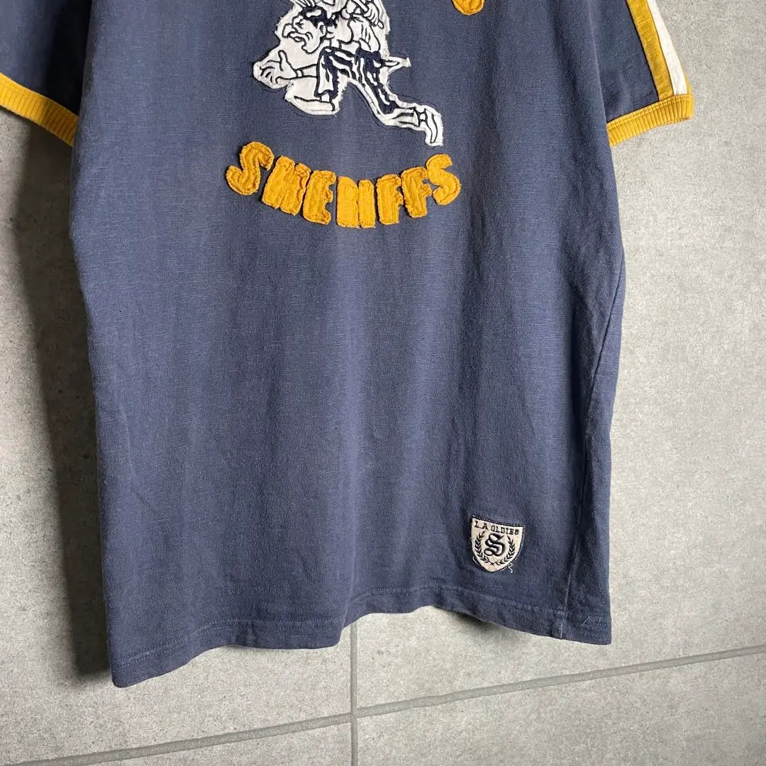 [Ropa usada] Camiseta ringer vintage manga corta bordada línea brazo raglán 90s | [古着]ビンテージ 半袖 リンガーTシャツ 刺繍 アームライン ラグラン 90s