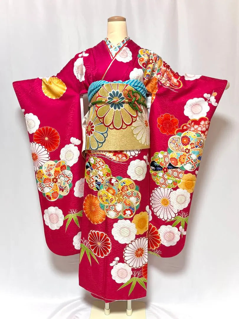 [Biji] Kimono Silk Silk Kimono Full Set 7 Points Set of Coming -Ceremony Retro Modan Pop | 【美おり】振袖 正絹 振袖フルセット 7点セット 成人式 レトロモダン ポップ