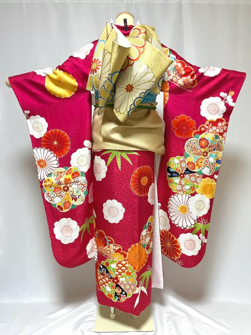 [Biji] Conjunto completo de kimono de seda de kimono de 7 puntos Conjunto de ceremonia retro Modan Pop | 【美おり】振袖 正絹 振袖フルセット 7点セット 成人式 レトロモダン ポップ