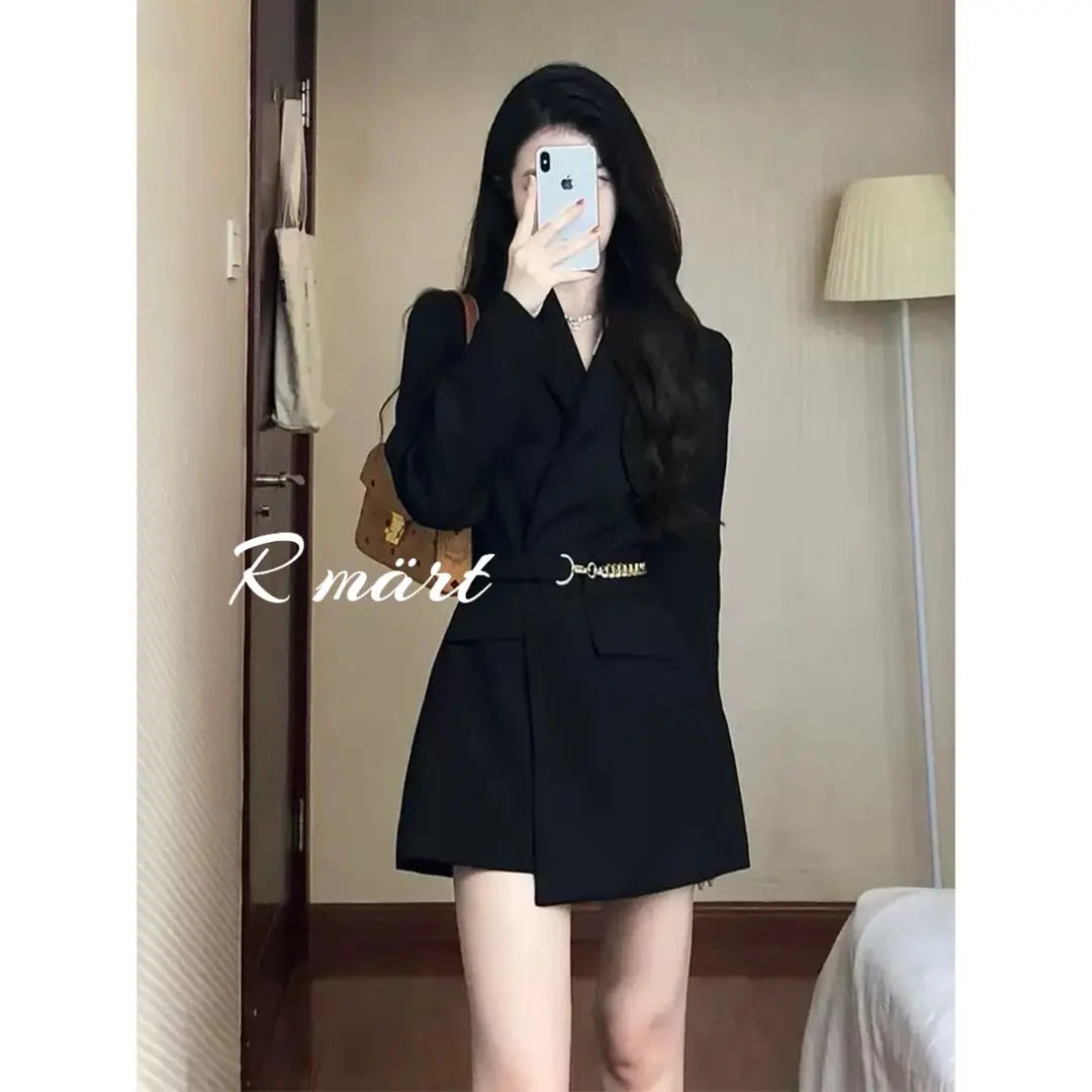 Chaqueta negra Chaqueta de mujer Vestido mini Estilo Cinturón Femenino