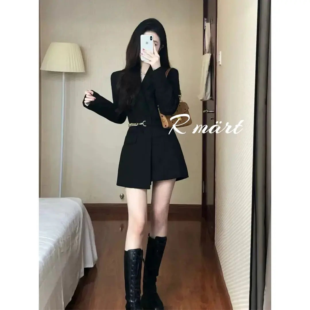 Chaqueta negra Chaqueta de mujer Vestido mini Estilo Cinturón Femenino