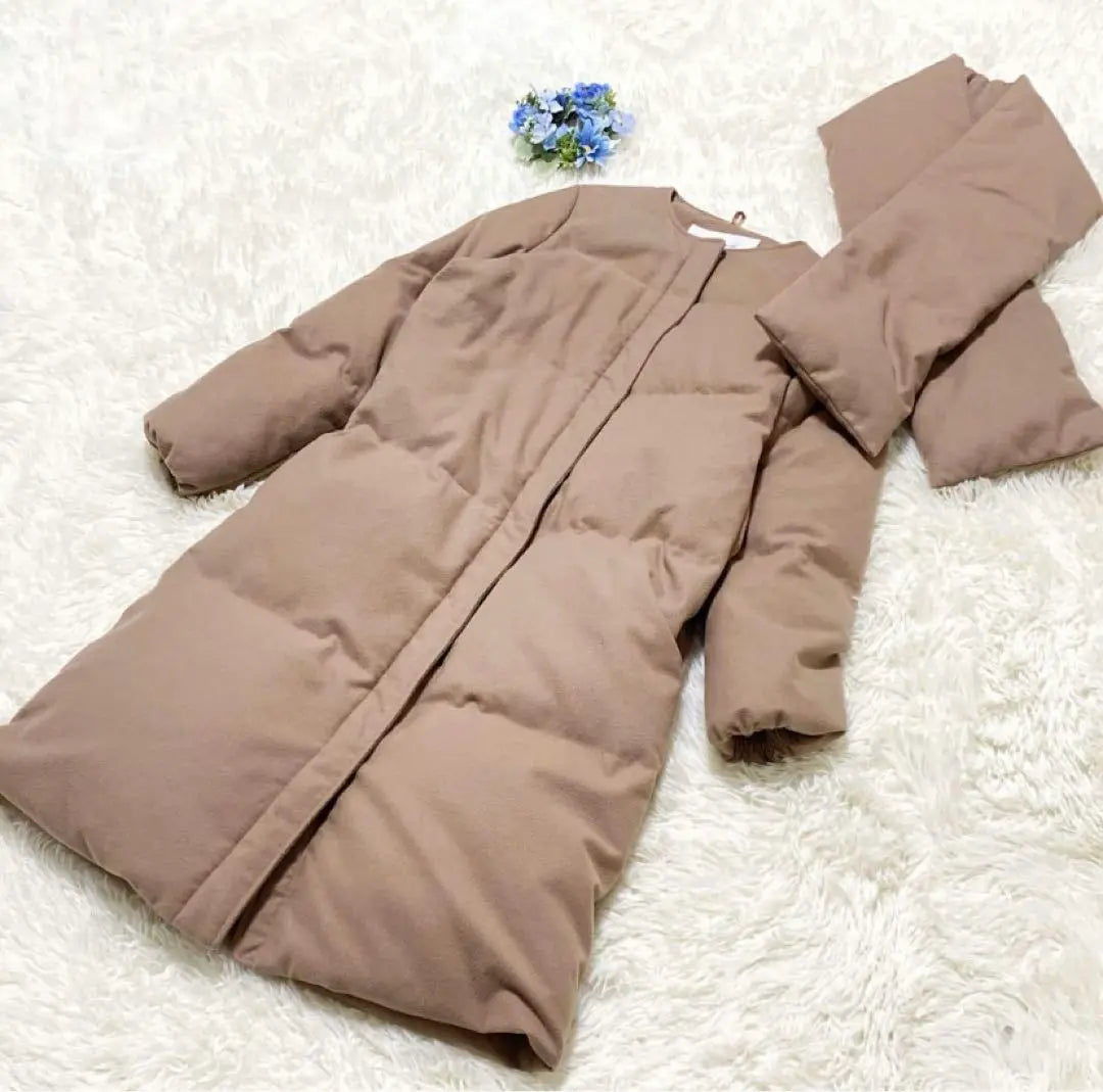 No color down Long coat with Lushel Blue muffler 40 L | ルシェルブルー マフラー付 ノーカラー ダウン ロング コート　40 L