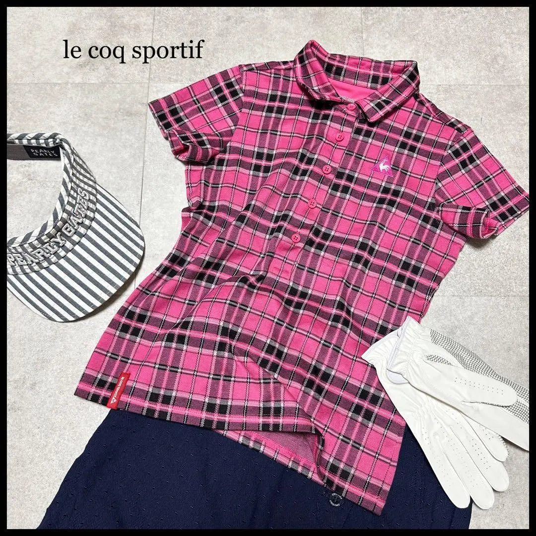 Hombre Le Cocque Portif Polo Manga Corta Cuadros Beautiful Line Golf Pink S. | ルコックスポルティフ ポロシャツ 半袖 チェック 美ライン ゴルフ ピンク S.