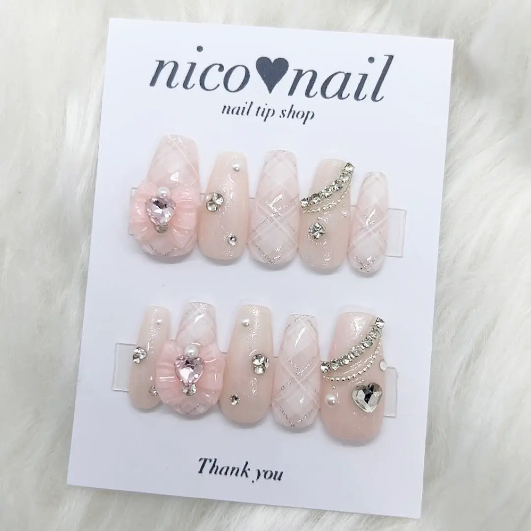 No.21 Nail Tip Order Mass Production Type Landmine Type Pink White Check Ribbon