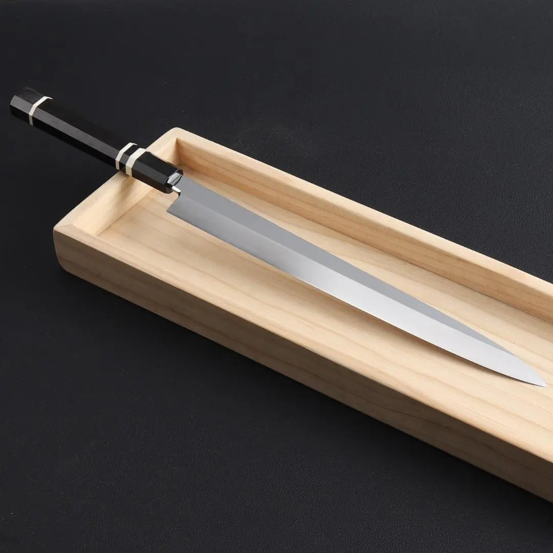 Cuchillo Yanagiba 9812, Shakuichi, Cuchillo para sashimi, La hoja tiene la máxima nitidez, Cuerno de búfalo negro ébano, mango octagonal blanco de tres vueltas