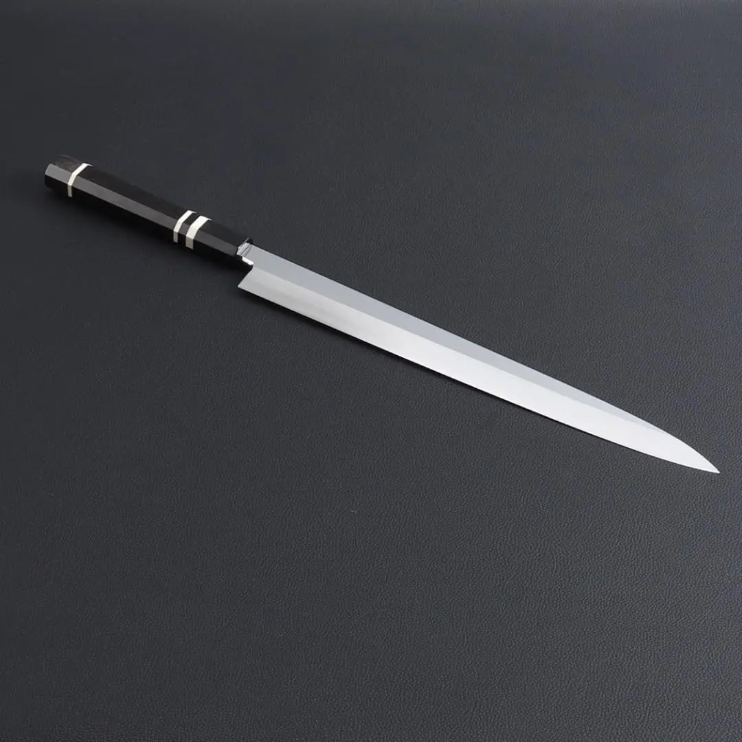 9812 Yanagiba knife, Shakuichi, Sashimi knife, The blade is the ultimate sharpness, Ebony black buffalo horn, white three-rolled octagonal handle