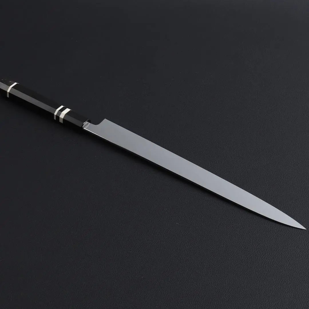 Cuchillo Yanagiba 9812, Shakuichi, Cuchillo para sashimi, La hoja tiene la máxima nitidez, Cuerno de búfalo negro ébano, mango octagonal blanco de tres vueltas