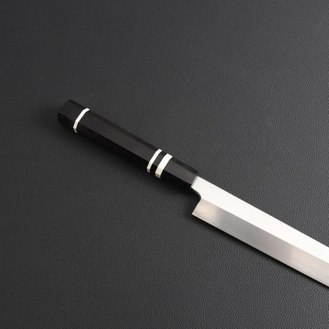 9812 Yanagiba knife, Shakuichi, Sashimi knife, The blade is the ultimate sharpness, Ebony black buffalo horn, white three-rolled octagonal handle