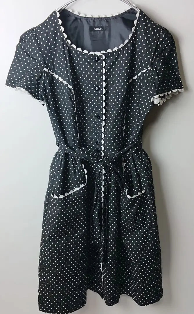 [Buen estado] MILK Vestido con botones y cinta en la cintura con encaje y lunares | 【美品】LECHE ミルク ドット レース ウエストリボン ボタン ワンピース