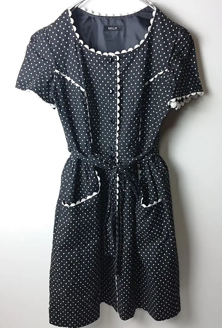 [Buen estado] MILK Vestido con botones y cinta en la cintura con encaje y lunares | 【美品】LECHE ミルク ドット レース ウエストリボン ボタン ワンピース