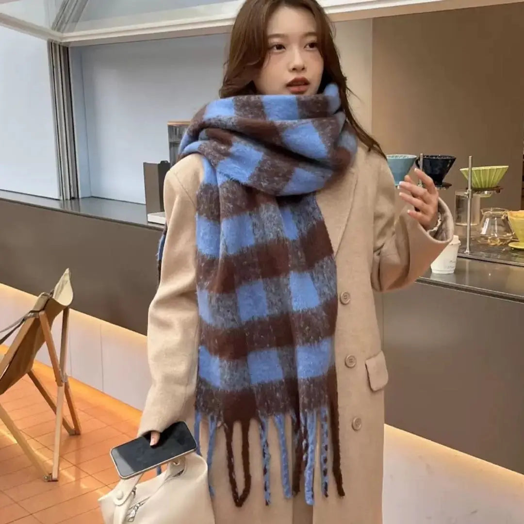 Muffler Check Blue Cute Blue Korean Stole Large Blanket