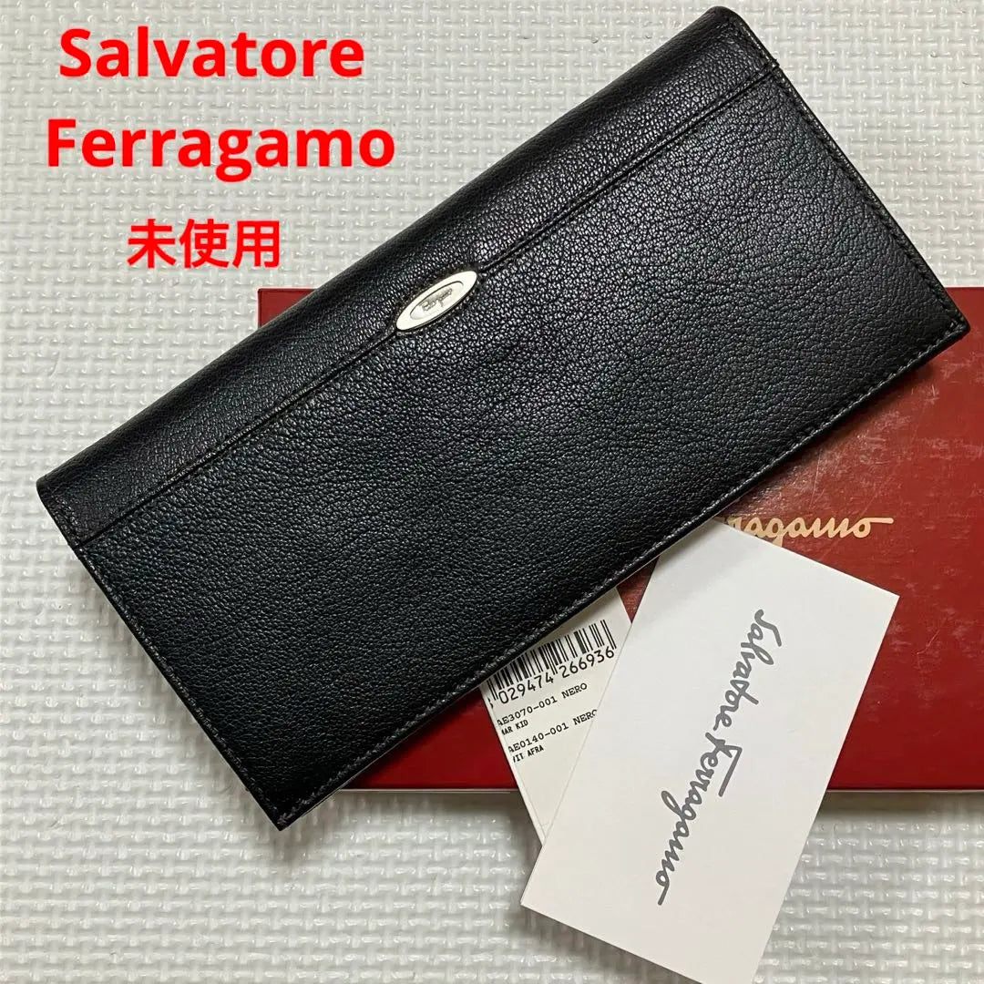 Unused SALVATORE FERRAGAMO Leather Long Wallet Black Black Box