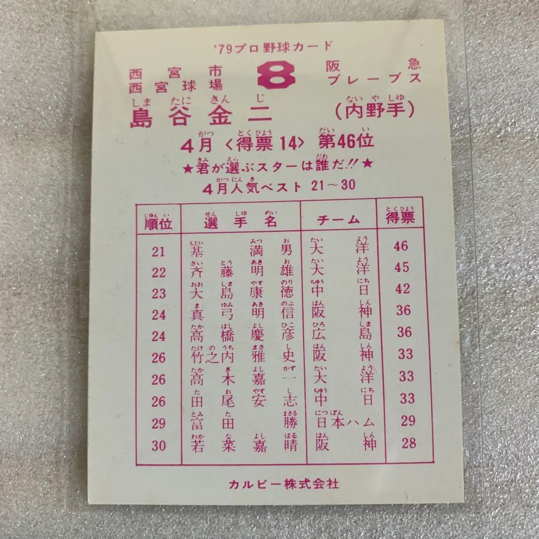 Tarjeta de béisbol profesional Calbee 1979 Hankyu Braves Shimatani Kanji