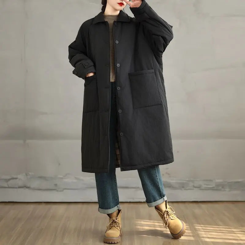 Folding collar, long coat, padded, loose, simple, button, pocket