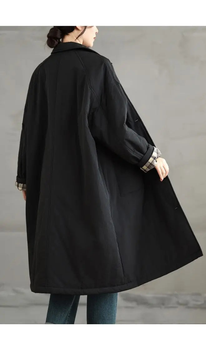 Folding collar, long coat, padded, loose, simple, button, pocket