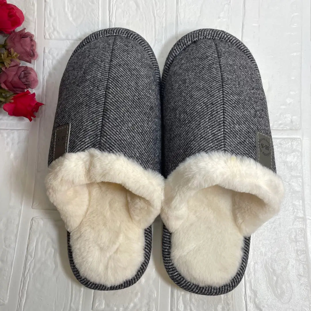 [Teddy] Slippers, Autumn/Winter Warm Room Shoes, Memory Foam, Gray