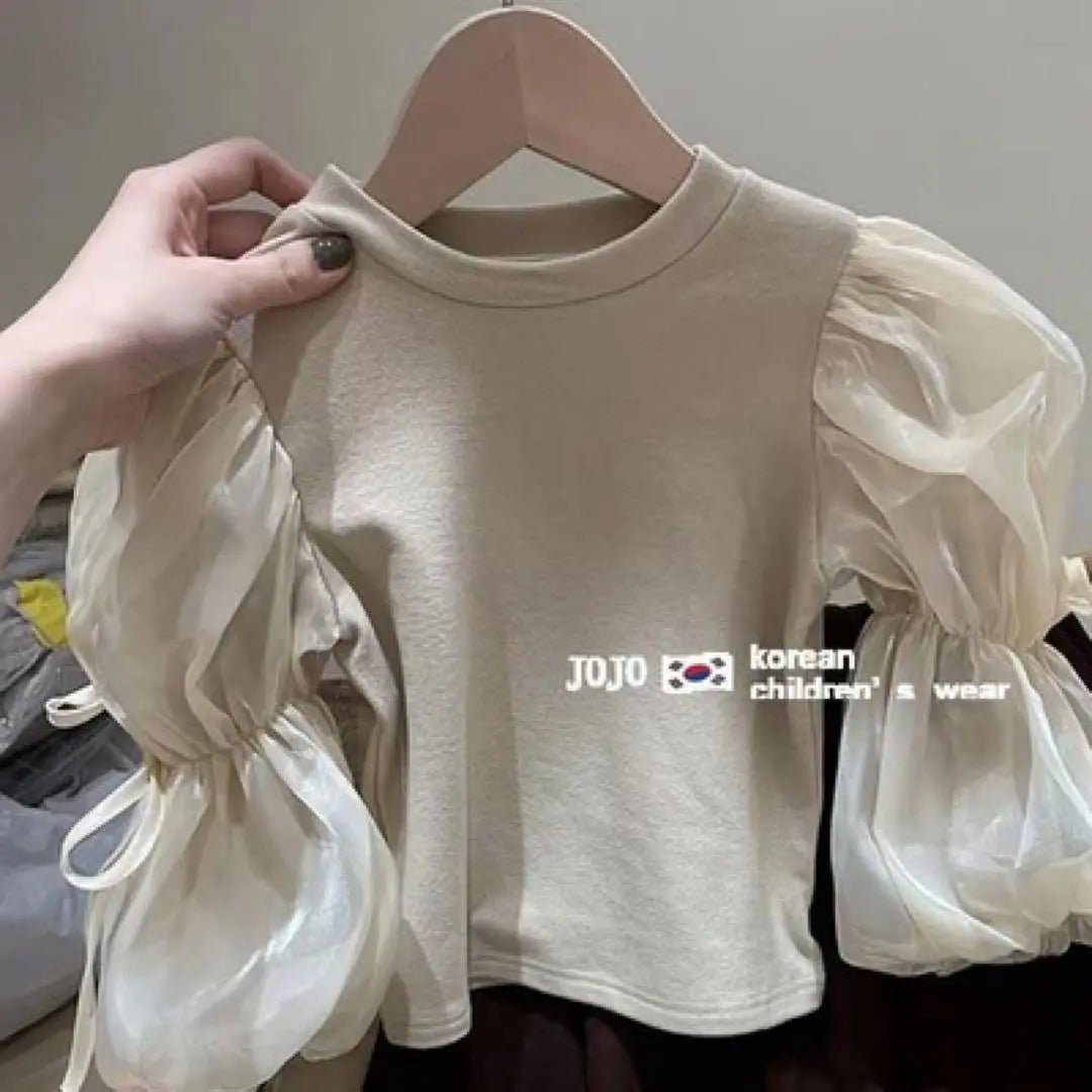 Ropa infantil coreana para niñas, color beige, lindas mangas con volantes, cinta elegante