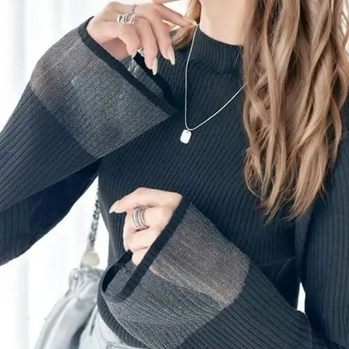 Sleeves Glitter Sheer High Neck Rib Knit