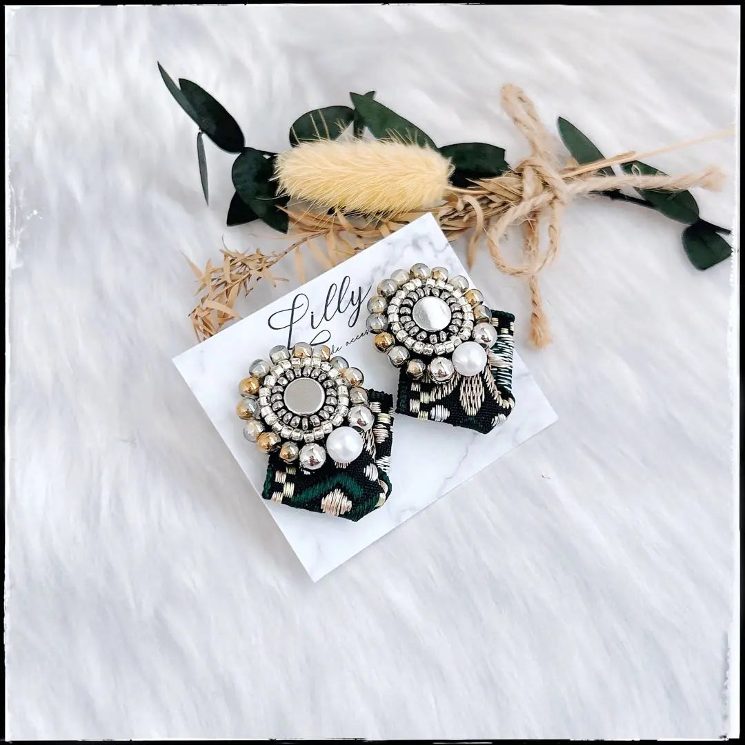 #629 Small / Indian Embroidered Ribbon / Pearl / Silver / Handmade Earrings