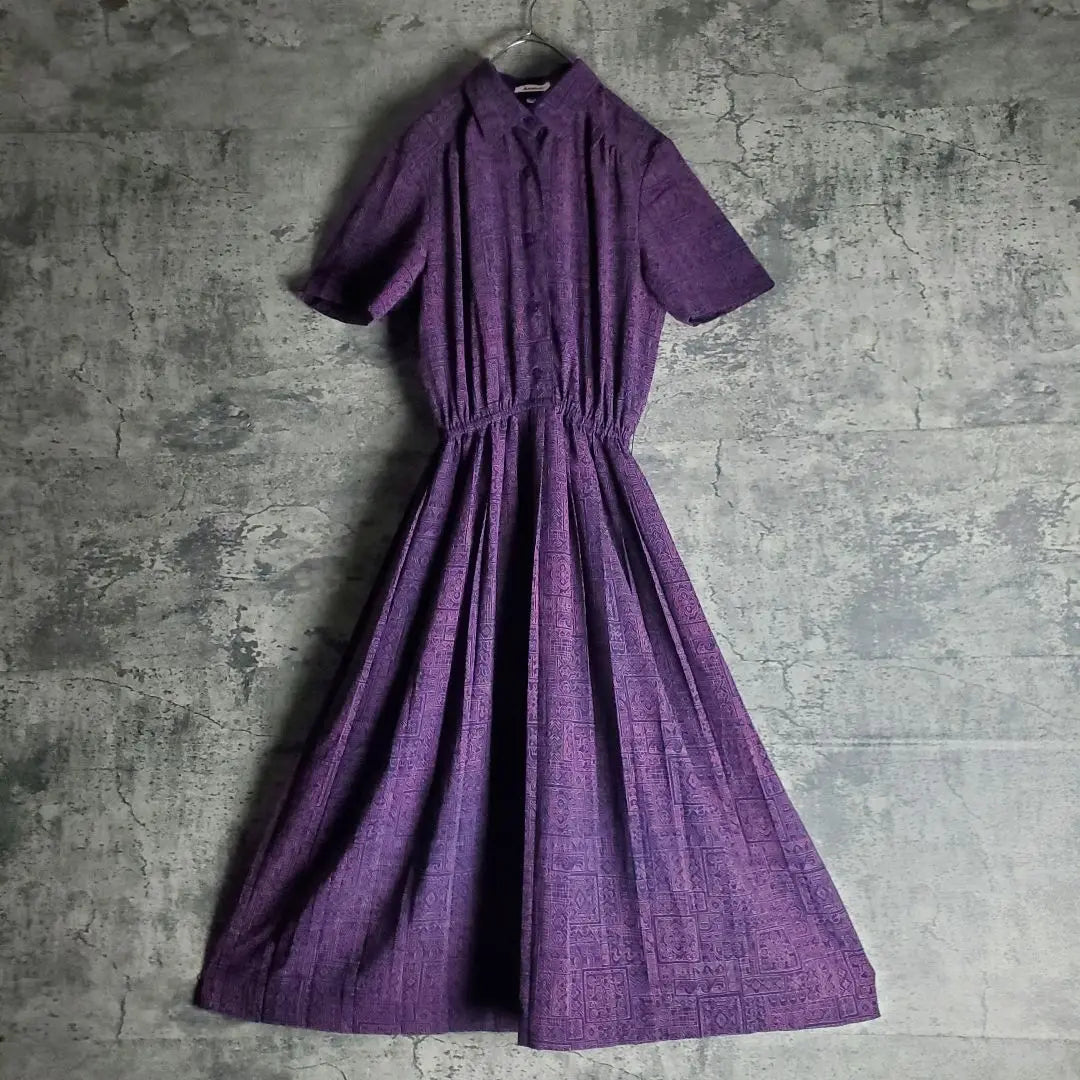 [Vintage] Long dress with collar A-line all-over pattern one-color purple retro