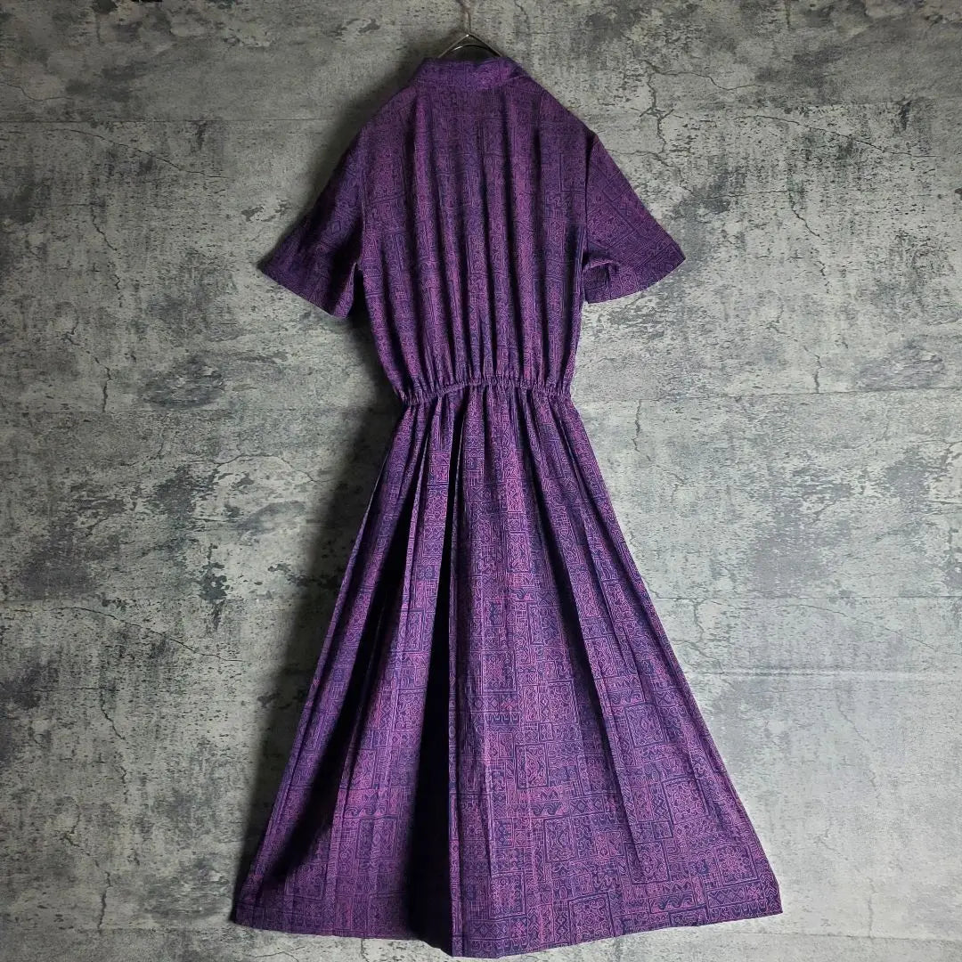 [Vintage] Long dress with collar A-line all-over pattern one-color purple retro