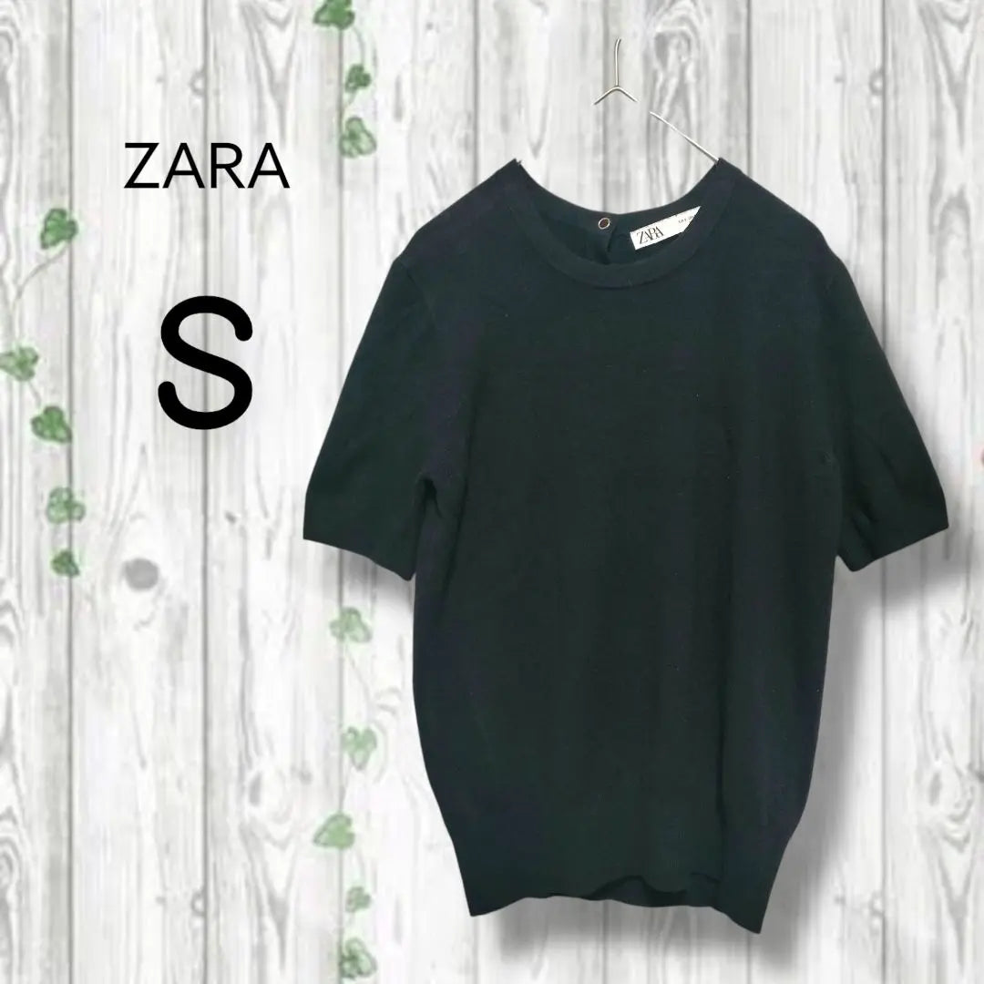 Zara Short-sleeved knit top Back button Crew neck Soft Black