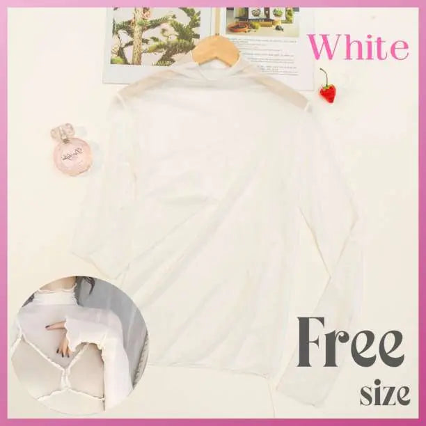 ▼ See -through tops White long sleeve cut -and -sew plain high neck 207