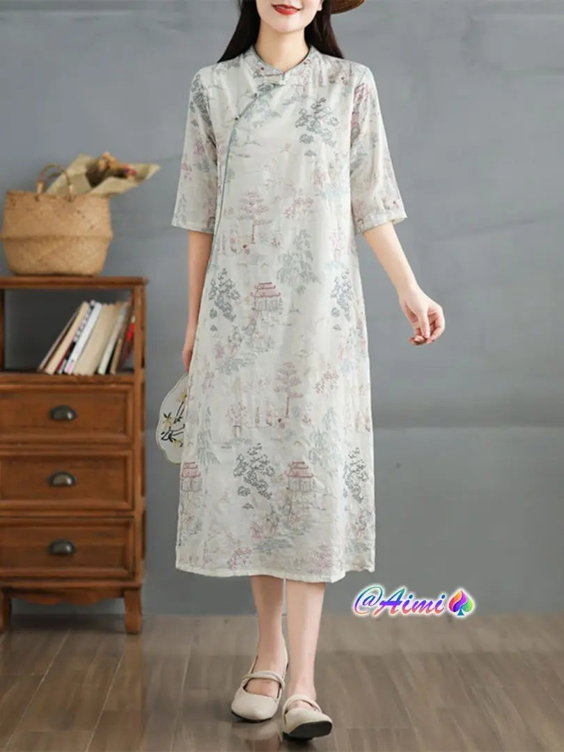 Perfect temperament, embroidery, stand collar, soft and printed elegant dress