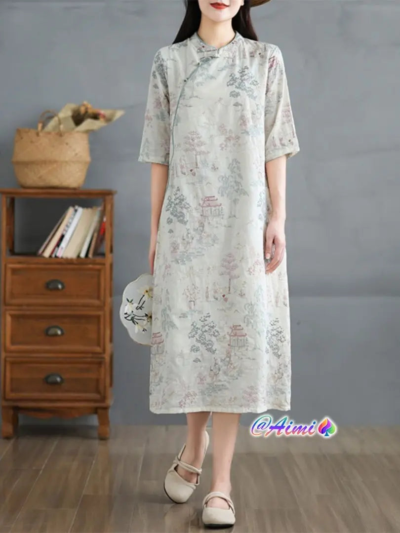 Perfect temperament, embroidery, stand collar, soft and printed elegant dress