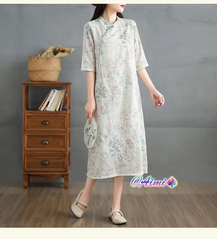 Perfect temperament, embroidery, stand collar, soft and printed elegant dress