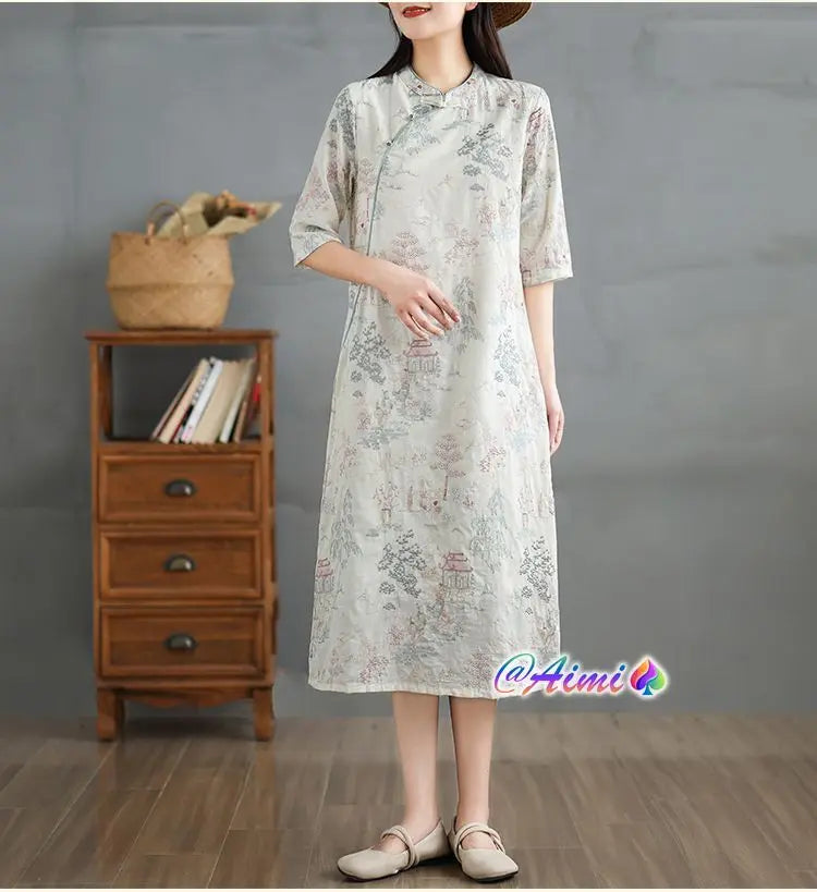 Perfect temperament, embroidery, stand collar, soft and printed elegant dress