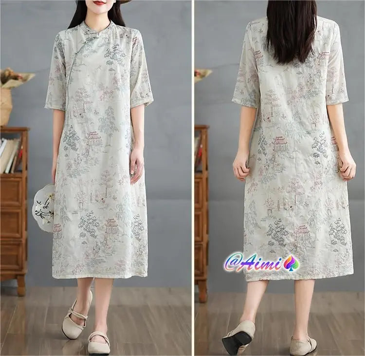 Perfect temperament, embroidery, stand collar, soft and printed elegant dress