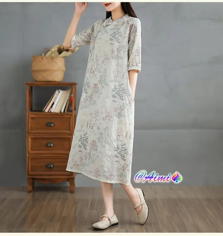 Perfect temperament, embroidery, stand collar, soft and printed elegant dress