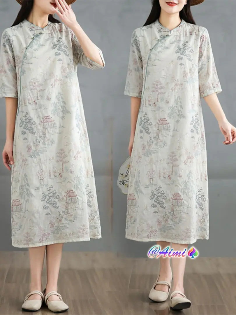 Perfect temperament, embroidery, stand collar, soft and printed elegant dress