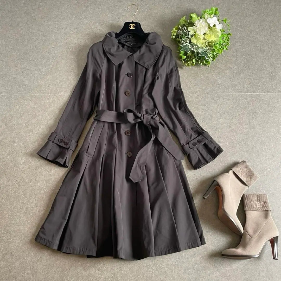 Moga Long Coat Pleated Waist Mark Windproof Dark Brown 3