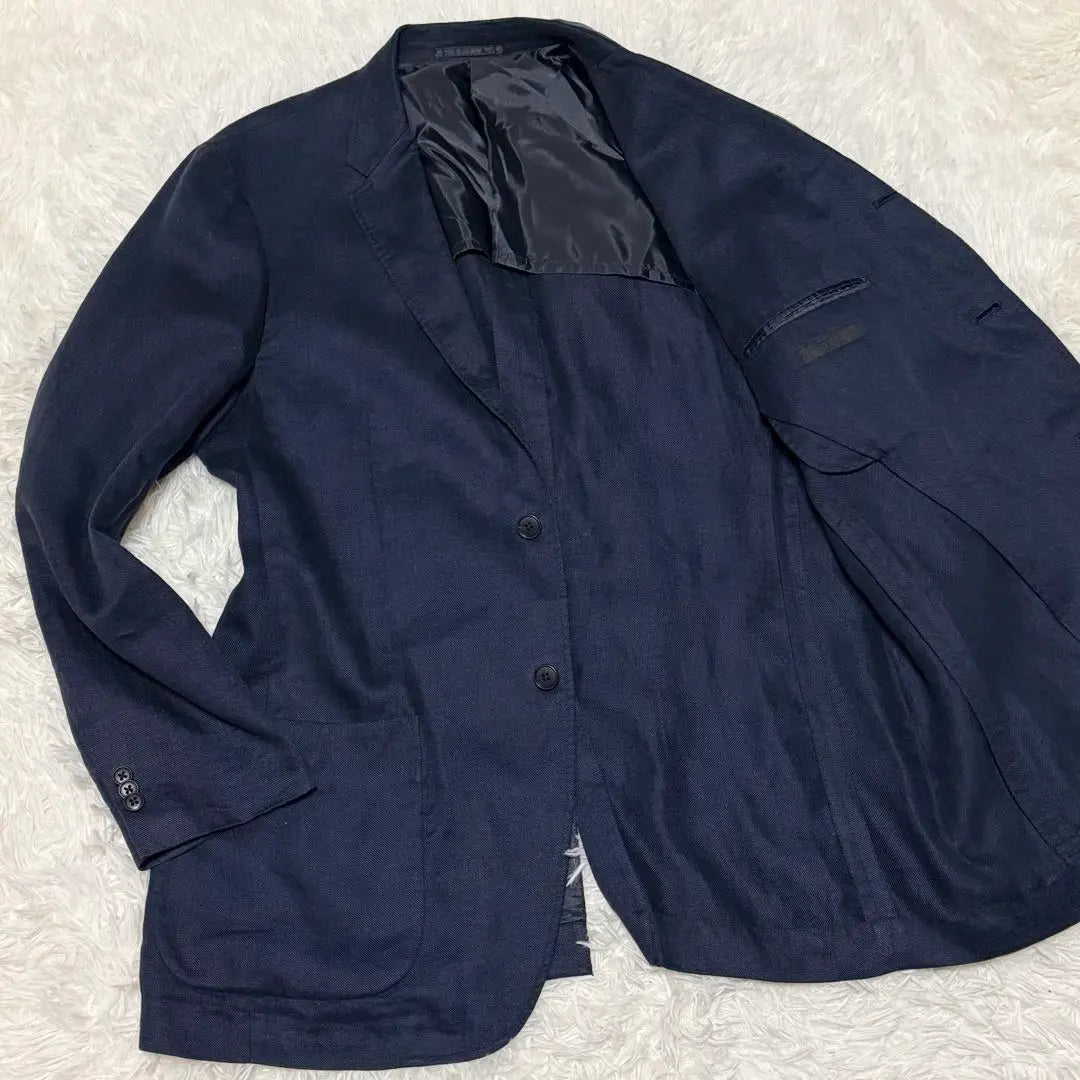 Navy 100% Linen Tailored Jacket XL Large Size Unicolor