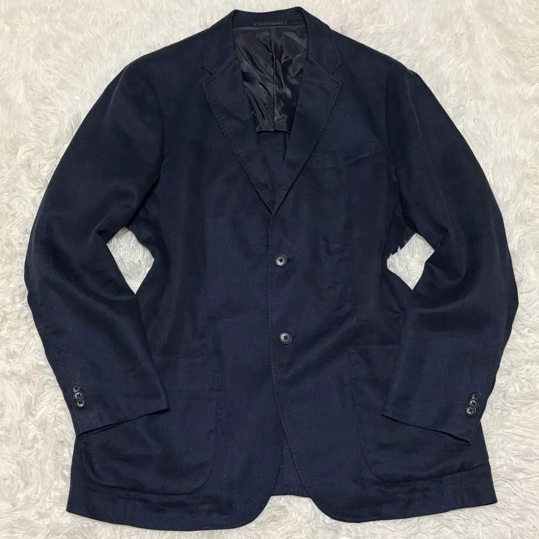 Navy 100% Linen Tailored Jacket XL Large Size Unicolor