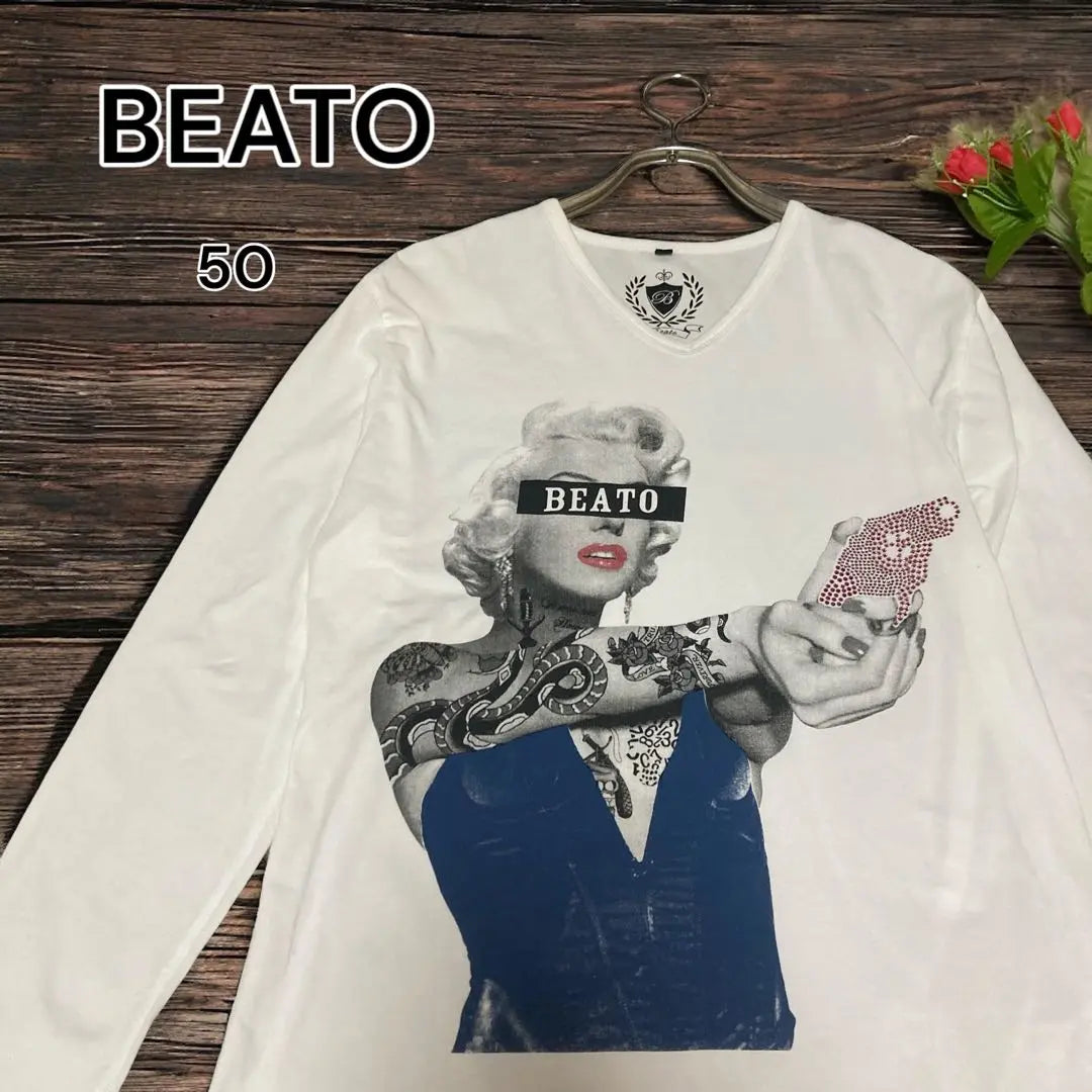 [Popular] Camiseta larga BEATO con bordado de Marilyn Monroe en manga blanca 50