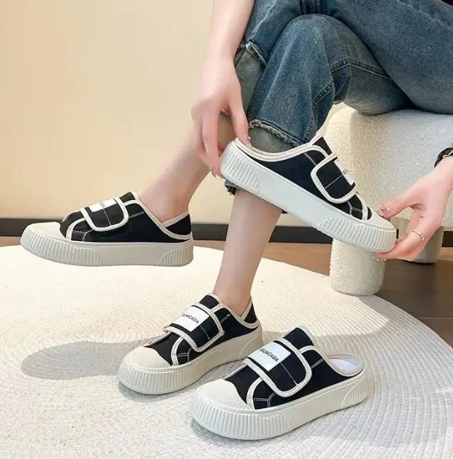 [Free Shipping] Sneaker-style 23.5cm Black Sandals Canvas Shoes