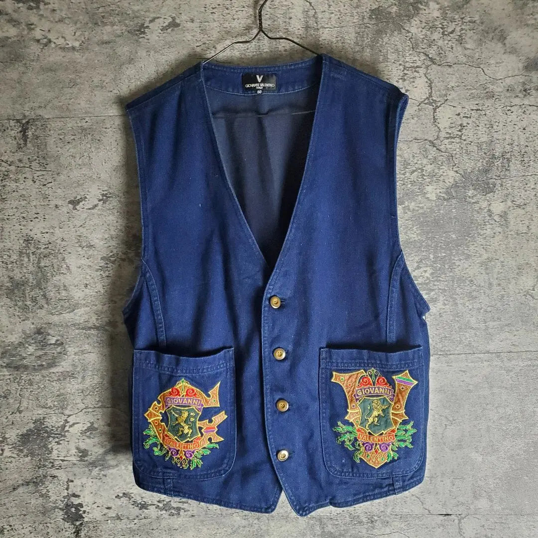 [Vintage] Ropa vintage, súper rara, denim, diseño bordado, patrón animal, azul marino, dorado, retro