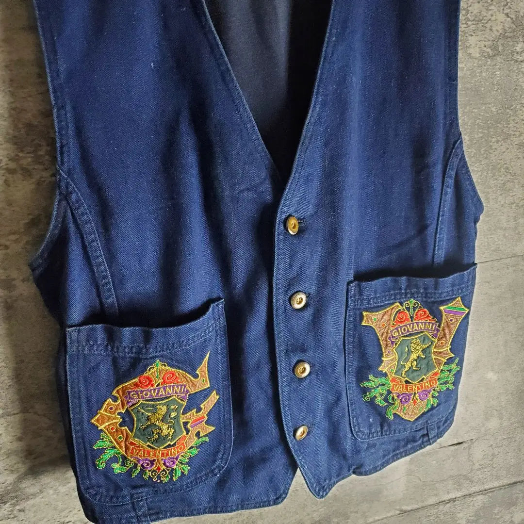 [Vintage] Ropa vintage, súper rara, denim, diseño bordado, patrón animal, azul marino, dorado, retro